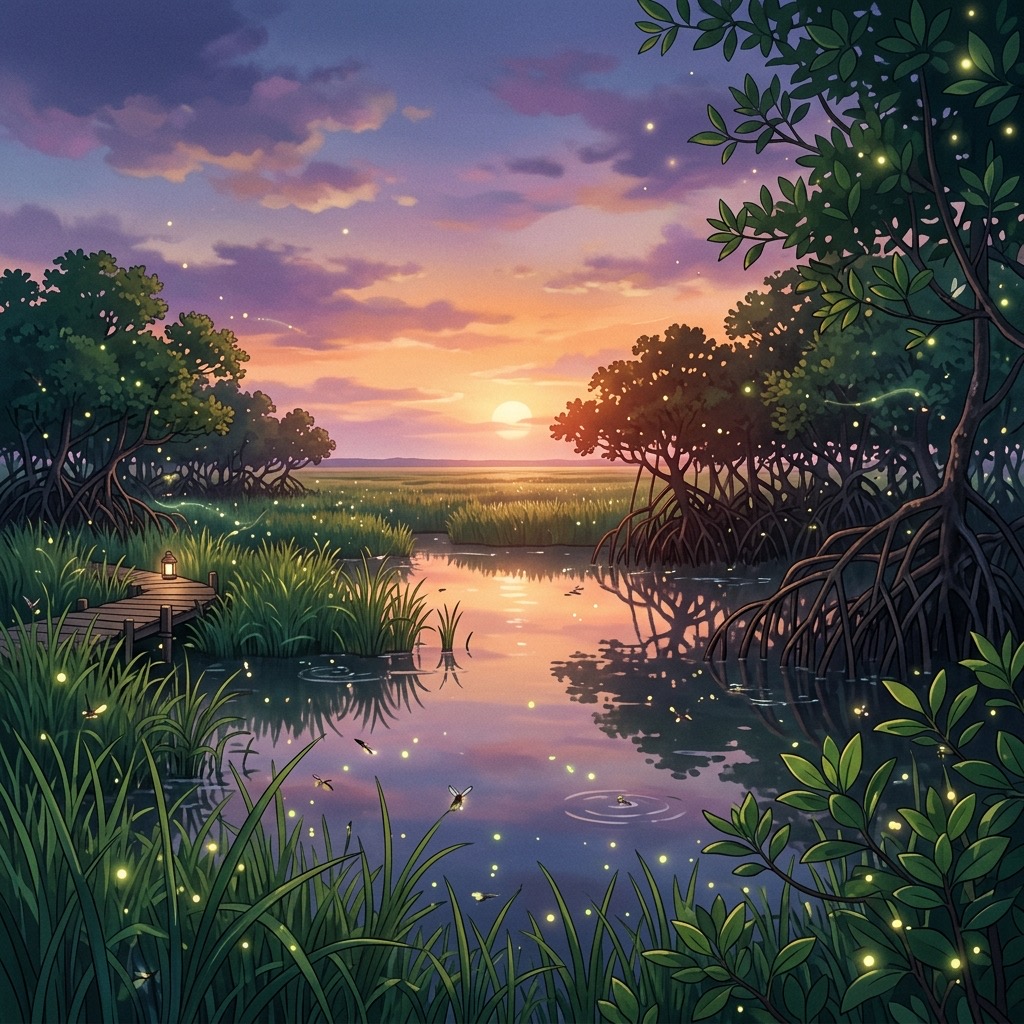 Mangrove et brise marine à Holbox au coucher du soleil